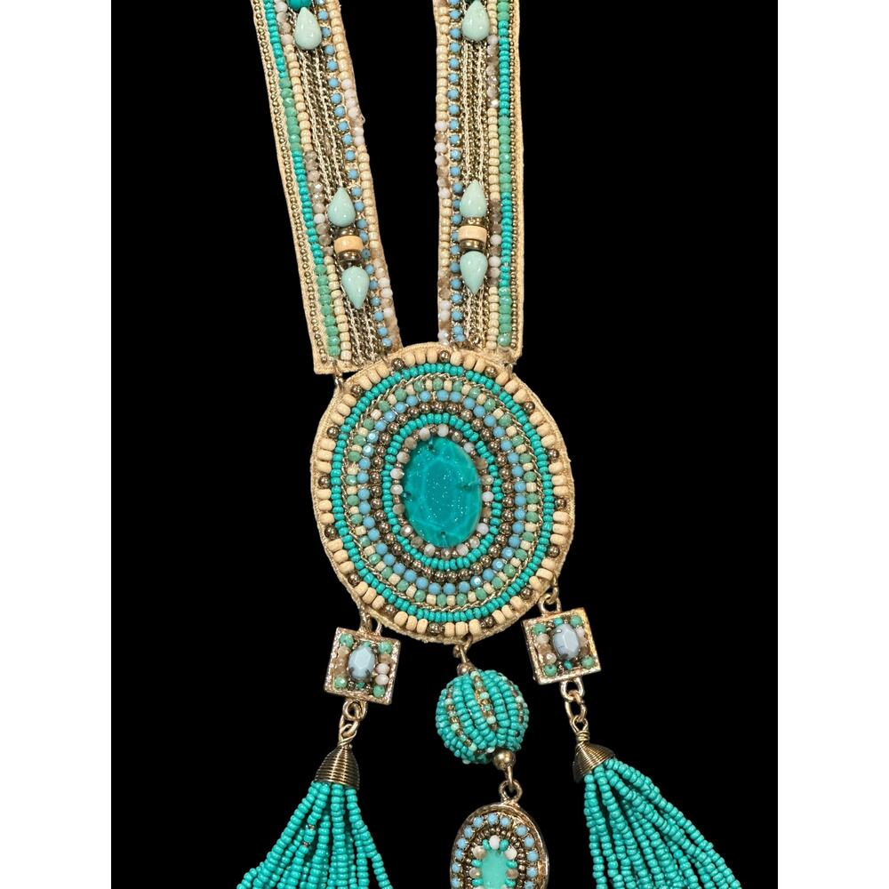 CHICO'S Boho Statement Necklace – Turquoise Fringe Tribal Beaded Medallion - Picture 5 of 13